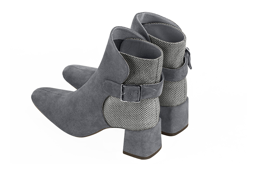 Dove grey women's ankle boots with buckles at the back. Square toe. Medium block heels. Rear view - Florence KOOIJMAN